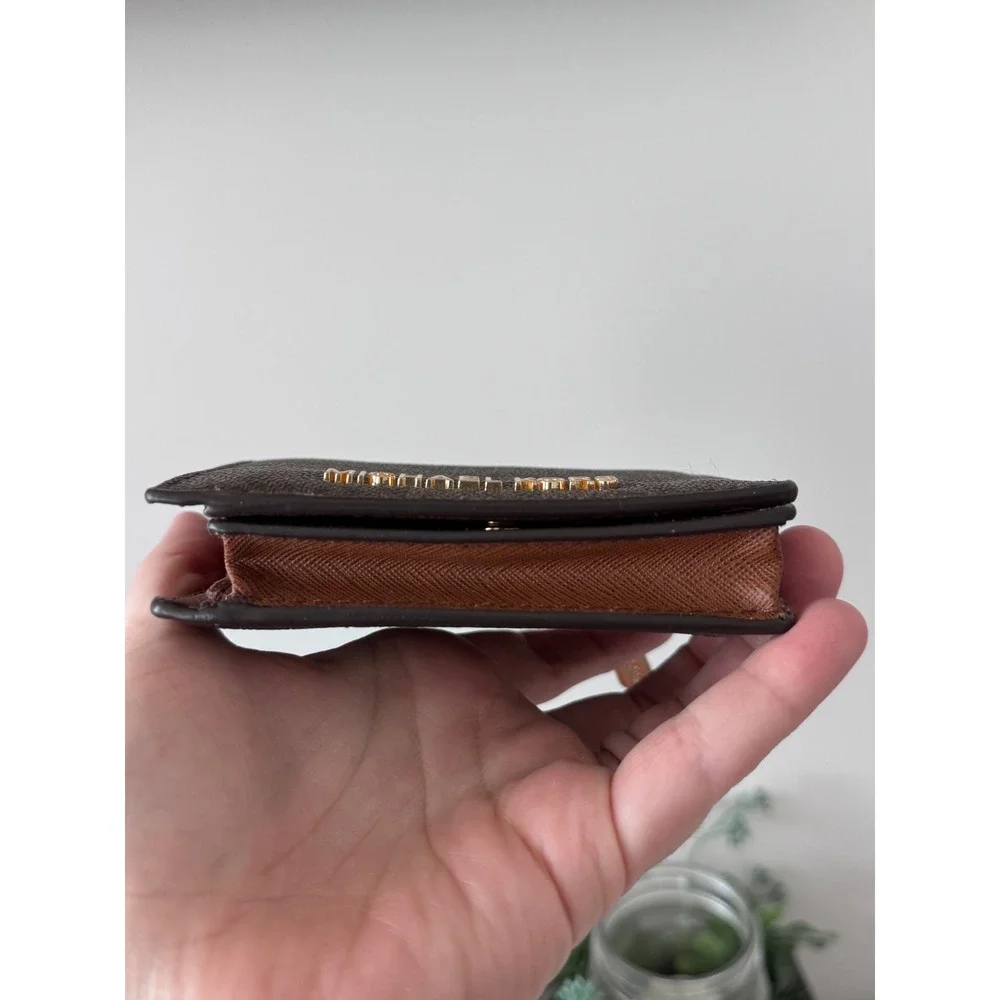 Michael Kors Bifold Wallet Brown Signature Logo Gold Hardware ID Window Pocket